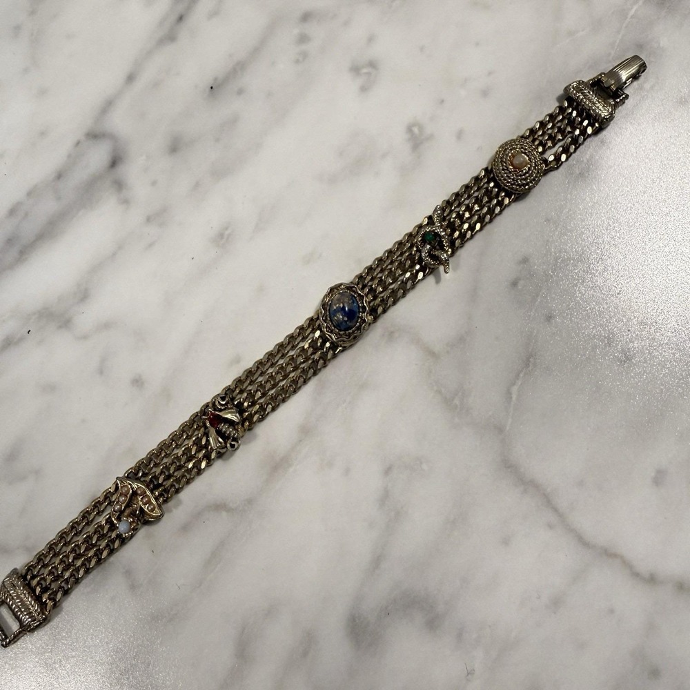 Goldette Victorian Revival Charm Snake Insect Triple Strand Chain Bracelet 6.75"